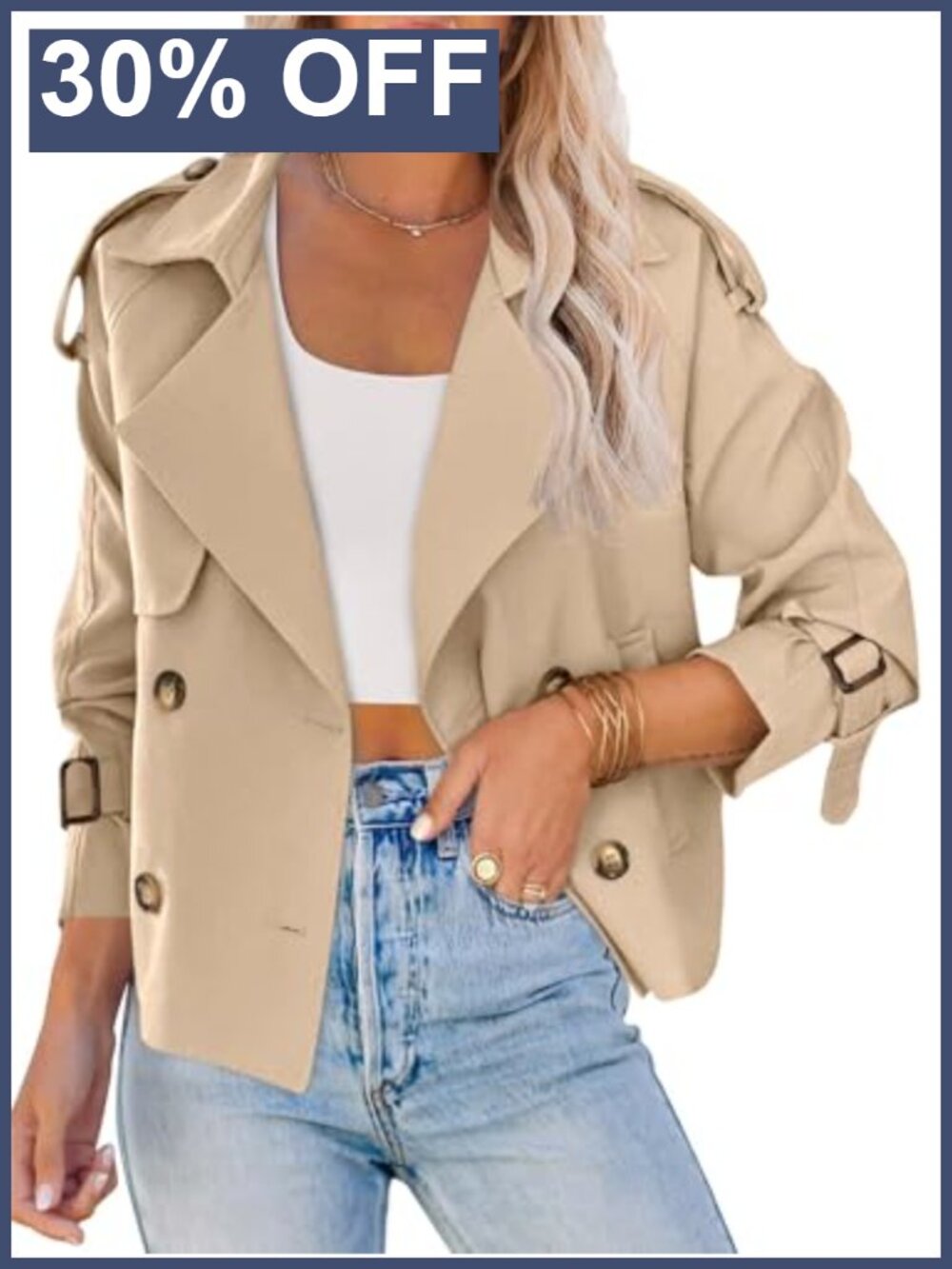 Women's Crop Double Breasted Trench Coat Short Cropped Button Jacket